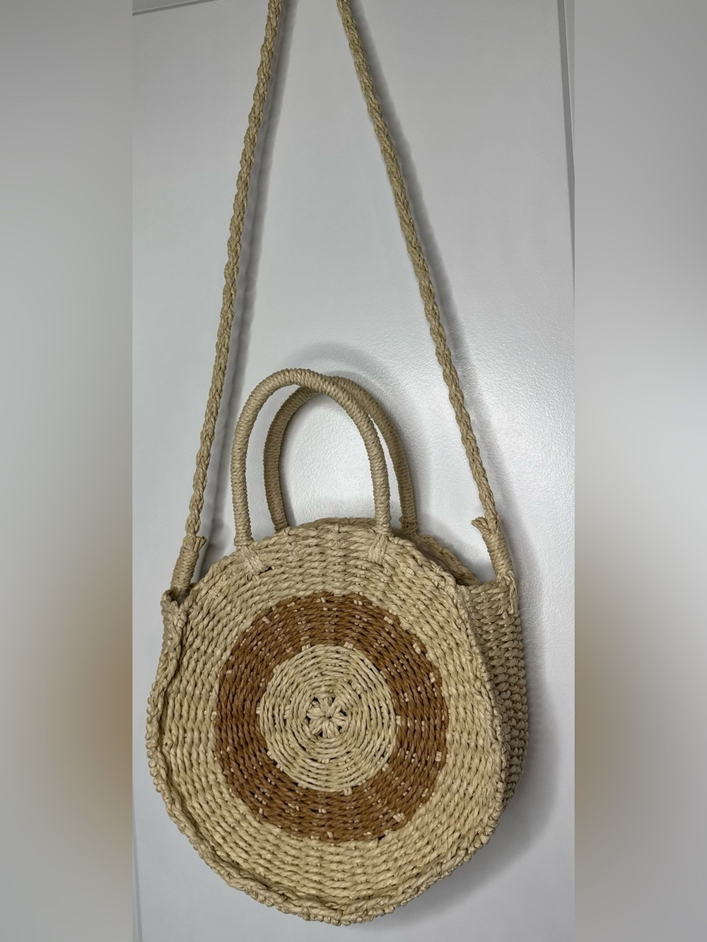 Handwoven wicker Round circular Straw Tote Bag Natural & Brown crossbody zipper